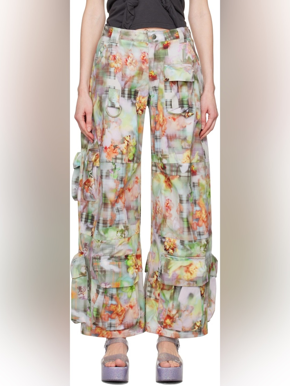 Collina Strada Floral Plaid Wide-Leg Cargo Pants - Green/Orange/Pink